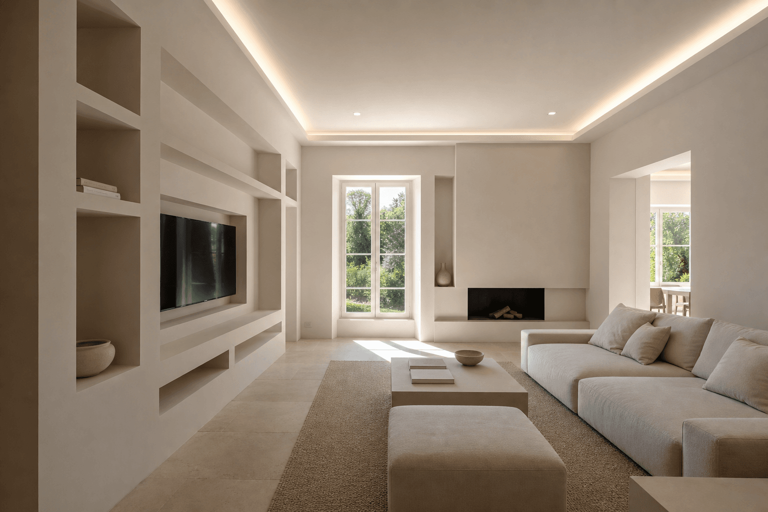 Intérieur fini : faux plafond et cloisons soignées, villa en PACA