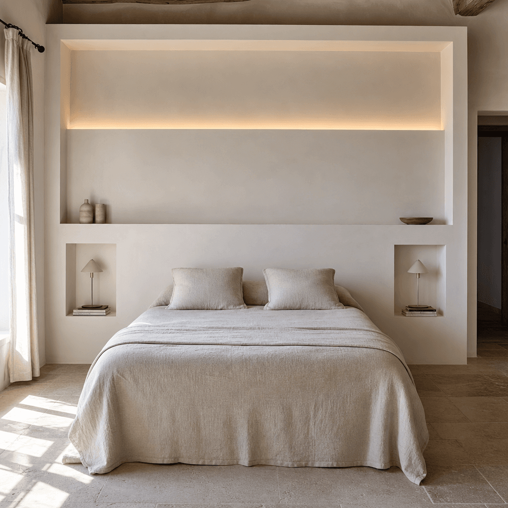 Tête de lit maçonnée avec niches et LED indirect